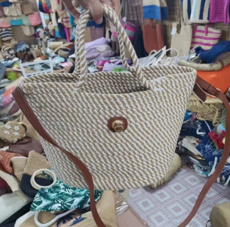 Sac pour femmes en corde de coton tissé à la main avec longue poignée en PU