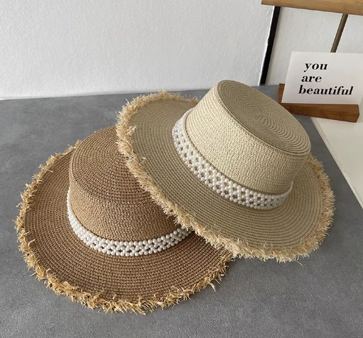 Chapeau de soleil pour femme tissé à la main avec perles