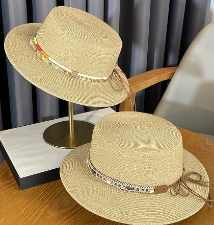 Chapeau de soleil pour femme Beige avec joli ruban