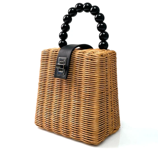 brown rattan bag with beads handle