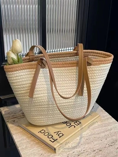 Sac en paille fait main en corde de coton blanc et marron